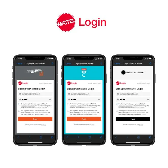 Mattel Login themed across Hot Wheels, Fisher-Price, and Mattel Creations