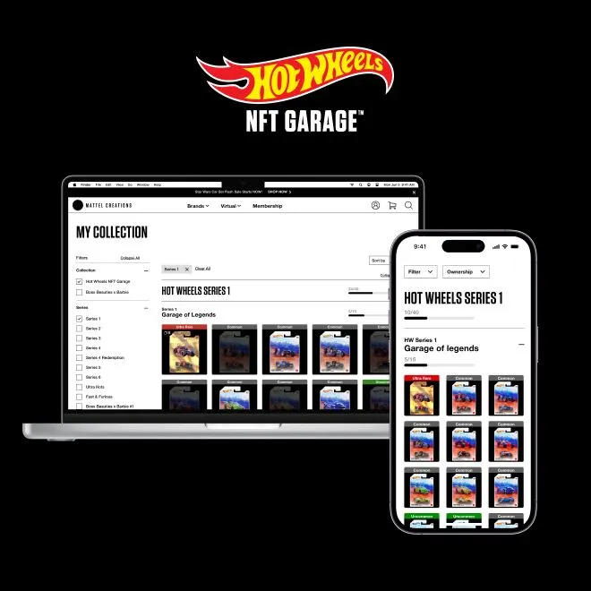 Hot Wheels NFT Garage collection view on laptop and phone